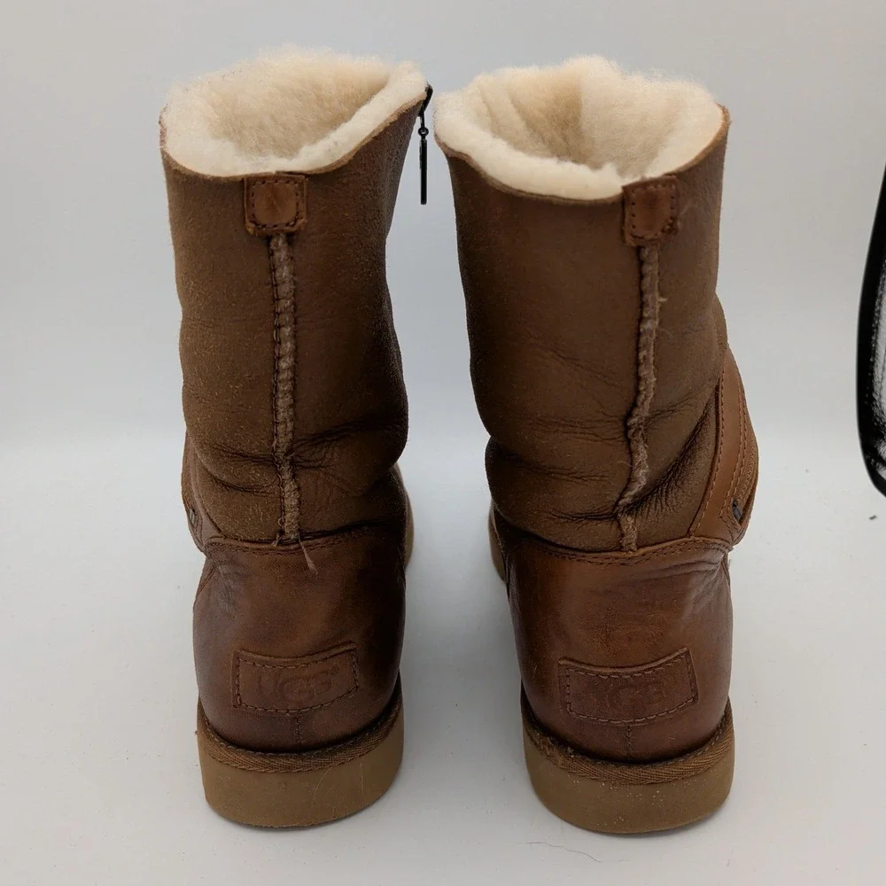 UGG Alba 1014442 Women Brown Leather Shearling Lined Zip Mid Calf Boots Size 8.5